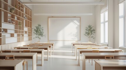 Wall Mural - A clean and spacious classroom with white walls, light wooden desks, and minimalist shelving