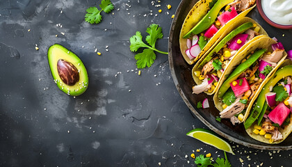 Poster - Healthy mexican corn tacos with boiled chicken breast, avocado and watermelon radish and yogurt dressing. Flat lay. Top view