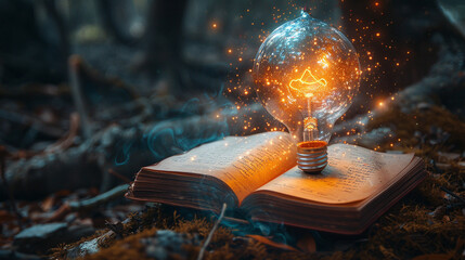 Wall Mural - glowing light bulb on an open book symbolizes the spark of knowledge and innovation. Futuristic concept lights in the background emphasize the theme of advanced learning and creative thinking