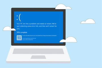 Illustration of Blue Screen of Death (BSOD) on laptop. Cybersecurity and information security incidence concept. IT outages and error