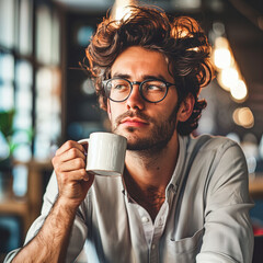 Poster - Copywriter in advertising agency, holding coffee mug, stressed look