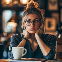 Canvas Print - Copywriter in advertising agency, holding coffee mug, stressed look