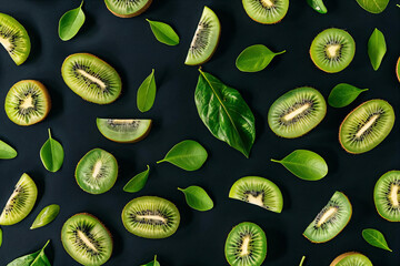 Sticker - Kiwi fruit and leaves pattern on black background.