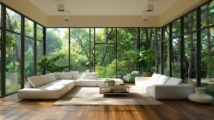 Sticker - Modern living room with large windows overlooking a green forest.