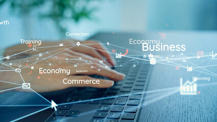 Poster -  A woman using computer in office and communication network concept.