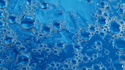 Bubbles and splashes of fresh water close up. beautiful abstract blue background