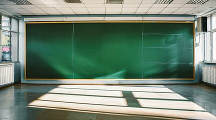 A large green chalkboard in an empty, bright classroom