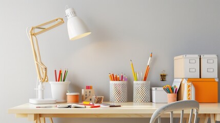 Poster - A modern home office with a minimalist desk, stylish lamp, and neatly organized school supplies