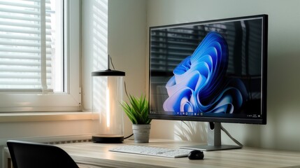 Poster - A neat desk featuring a monitor, a minimalist lamp, and a small plant