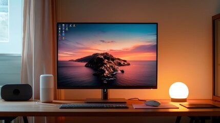 Poster - A neat desk with a sleek monitor, a mouse, and a minimalist lamp