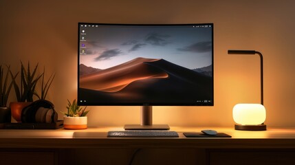 Poster - A neat desk with a sleek monitor, a mouse, and a minimalist lamp