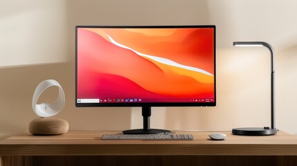 Poster - A neat desk with a sleek monitor, a mouse, and a minimalist lamp