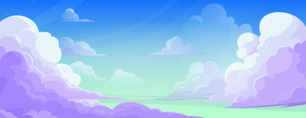 Wall Mural - anime blue sky with cloud cartoon background. summer heaven abstract painting art bg. fluffy element