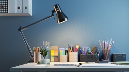 Poster - A sleek and modern home office with a stylish desk, minimalist lamp, and school supplies
