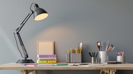 Poster - A sleek and modern home office with a stylish desk, minimalist lamp, and school supplies