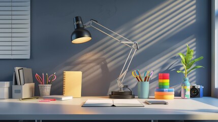 Poster - A sleek and modern home office with a stylish desk, minimalist lamp, and school supplies