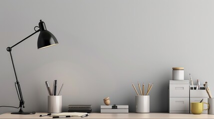 Poster - A sleek and modern home office with a stylish desk, minimalist lamp, and school supplies