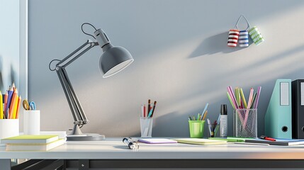 Poster - A sleek and modern home office with a stylish desk, minimalist lamp, and school supplies