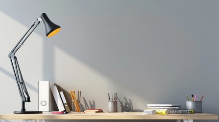 Poster - A sleek and modern home office with a stylish desk, minimalist lamp, and school supplies