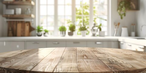 Wall Mural - Vacant, lovely circular wooden surface in a pristine and luminous kitchen setting Ideal for showcasing products in a montage.