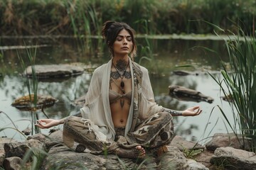 Wall Mural - A beautiful woman meditates on rocks near the lake, dressed in a shawl and pants with bohemian patterns. A tattooed girl sits cross-legged on stones by the water, wearing of natural colors. The surrou