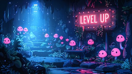 Poster - Premium 3D cartoon template with text interface for leveling up in a game.