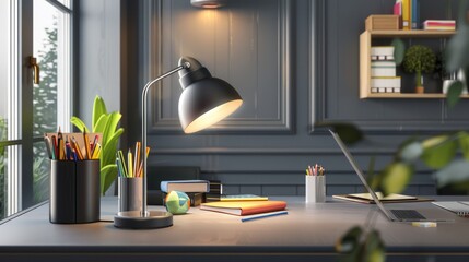 Poster - A sleek home office featuring a modern desk, minimalist lamp, and school supplies