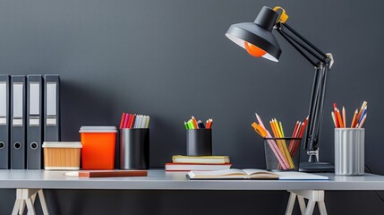 Poster - A sleek home office interior with a stylish desk, modern lamp, and neatly organized school supplies