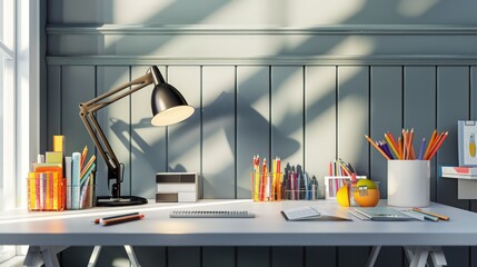 Poster - A sleek home office interior with a stylish desk, modern lamp, and neatly organized school supplies