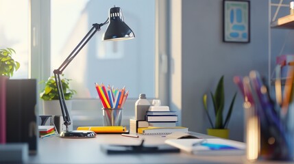 Poster - A sleek home office setup with a stylish desk, minimalist lamp, and essential school supplies