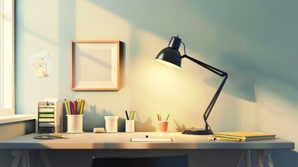 Poster - A sleek home office setup with a stylish desk, minimalist lamp, and neatly organized school supplies