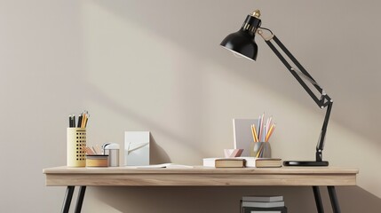 Poster - A sleek home office setup with a stylish desk, minimalist lamp, and essential school supplies