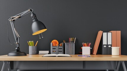 Poster - A sleek home office setup with a stylish desk, minimalist lamp, and neatly organized school supplies