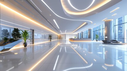 Poster - A spacious lobby in a contemporary office building with bright lighting and sleek design