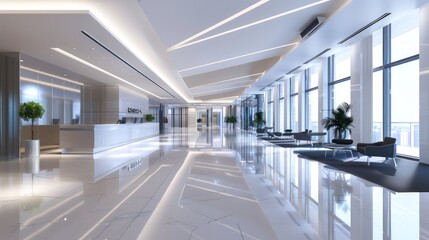 Poster - A spacious lobby in a contemporary office building with bright lighting and sleek design