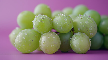 Wall Mural - Fresh green grapes with water droplets on purple background. Concept of juicy fruit, healthy snacking, and natural freshness.