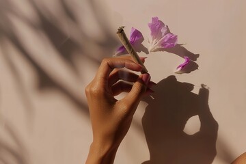 Photo of a woman's hand holding purple colored flower petals and rolling a joint on a light grey background, in a minimalistic style, with shadowplay. 