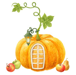 Wall Mural - Fabulous pumpkin country house with flashlight and apples isolated on white background. Thanksgiving or Harvest Day card design. Watercolor drawing.