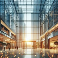 Poster - 68 127. Blurred focus of office building lobby with glass doors