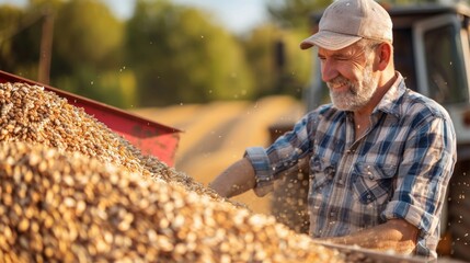 Poster - A man in a blue plaid shirt is working in a field with a pile of grain