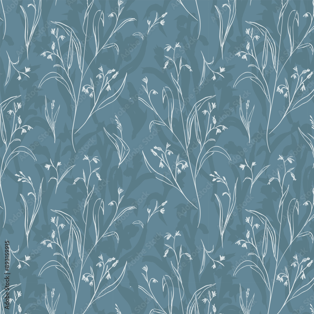 Seamless blue gray botanical pattern of casual hand drawn plants Stock ...