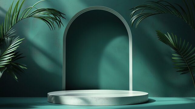 A minimalist podium for product display with an Islamic arch, rendered in green and white colors, set against a dark teal background.