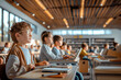 © Ирина Селина - Students sitting at their desks in a classroom during a lesson in an elementary school and listening attentively. Side view, copy space