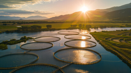 Aerial top view of fish farming in a beautiful lake and landscape