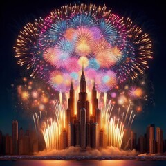 Wall Mural - 77 101. Triple-break vertical shells_ Large, spherical fireworks