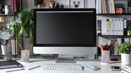 Poster - An organized workspace with a desktop computer, a keyboard, and essential office supplies