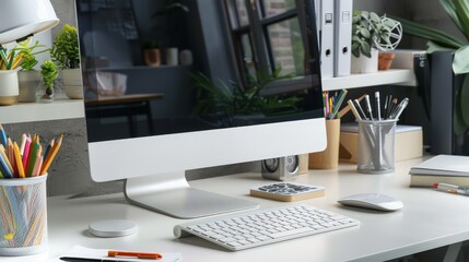 Poster - An organized workspace with a desktop computer, a keyboard, and essential office supplies