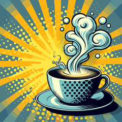 Steam pop art style coffee cup, vivid blue and yellow background, retro comic design