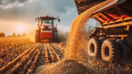 Poster - A tractor is dumping grain into a truck