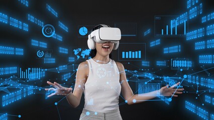 Woman with VR glasses looking analyzed world financial business data graph report changing upload global interface digital infographic network technology visual 3D hologram animation. Hallucination.